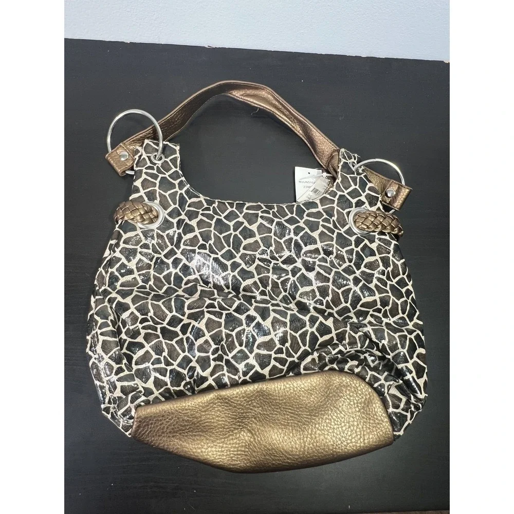 Bueno Collection Women's Hobo Bag Giraffe Print Metallic Bronze Tassel Shoulder